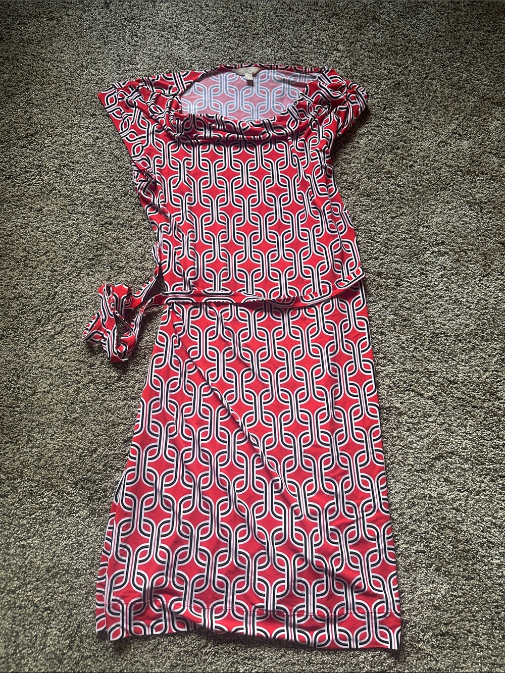Banana Republic Red, Black & White Geometric Print Dress with belt.
